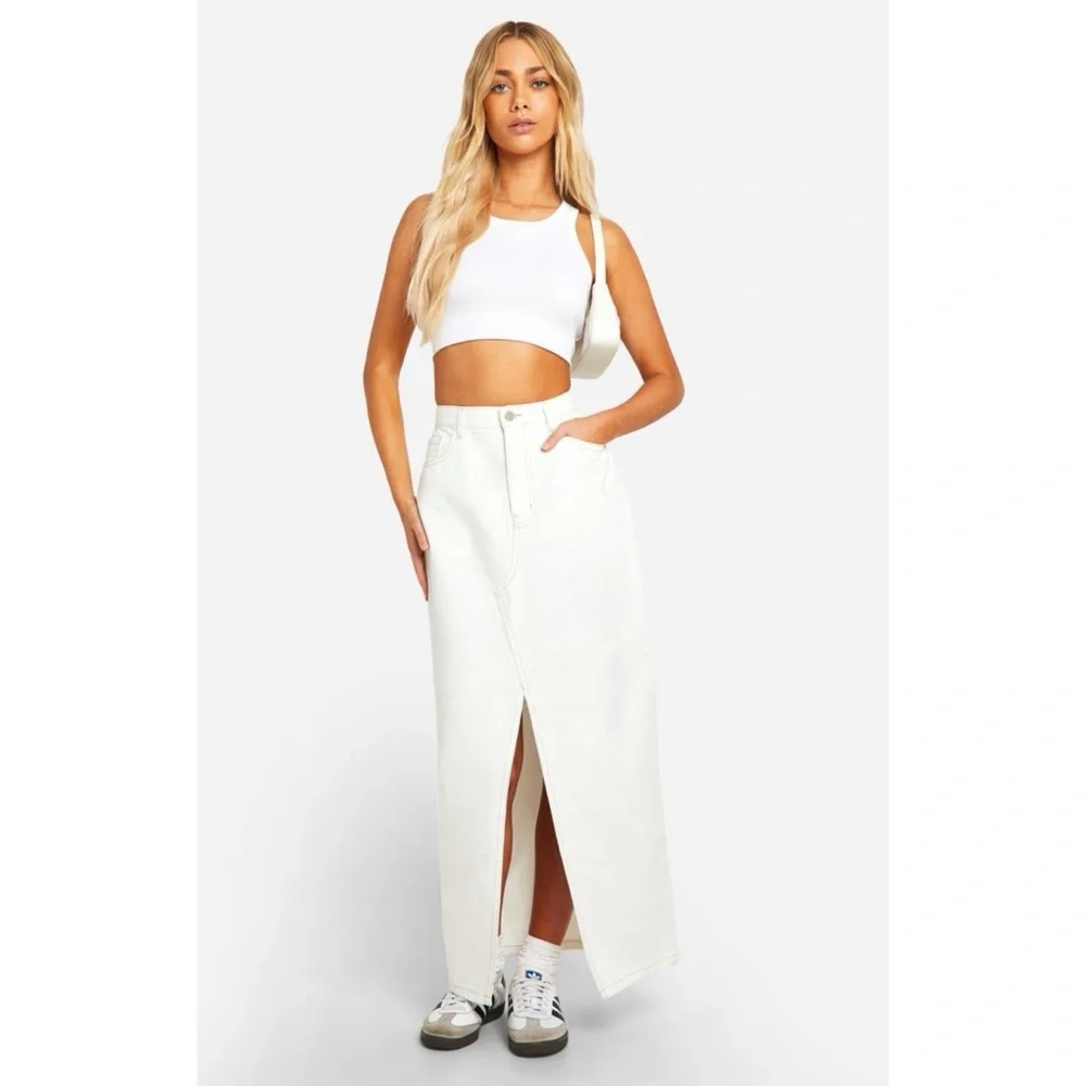 NWT BOOHOO Ecru Denim Split Front Maxi Skirt
